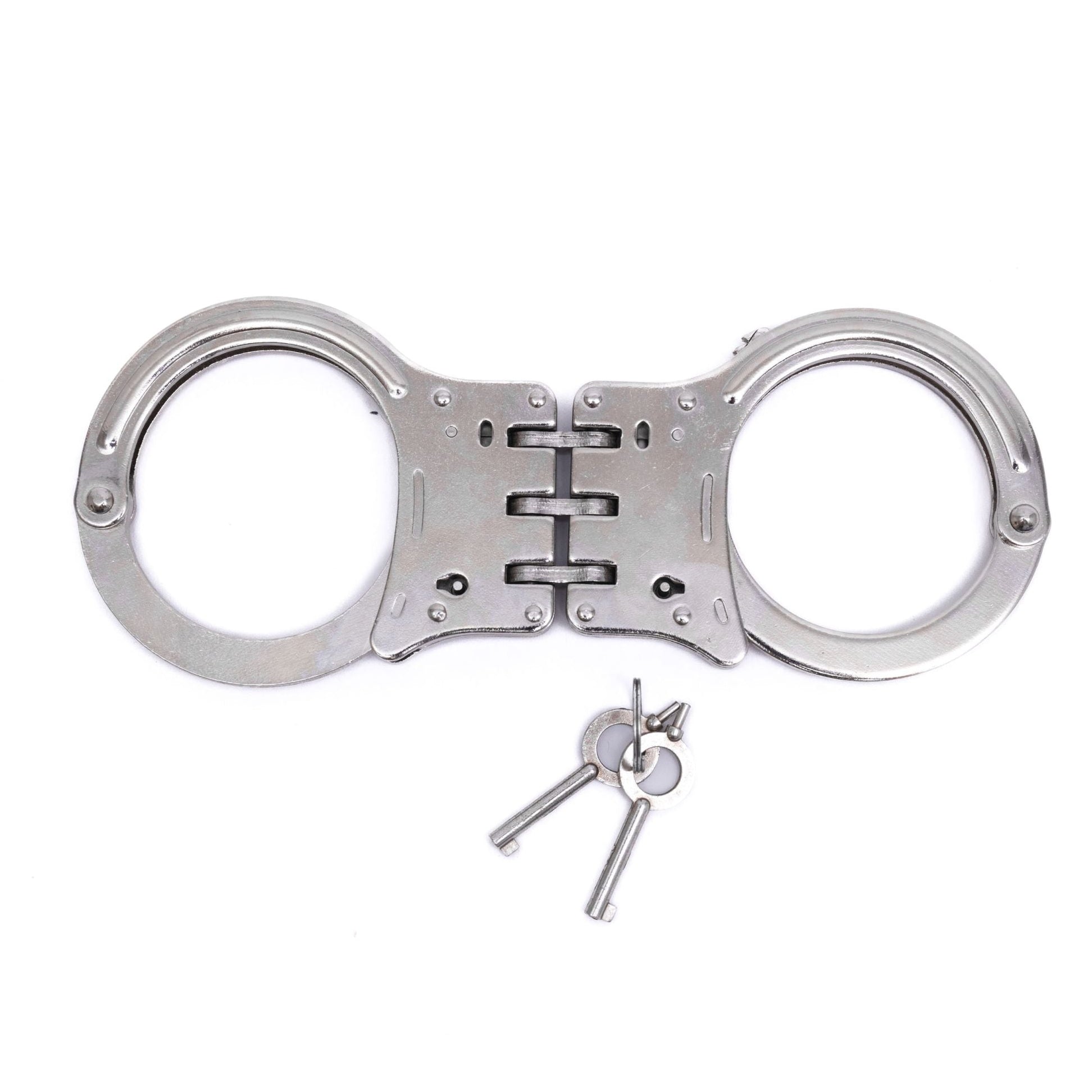 Hinged handcuffs, rigid design with two keys