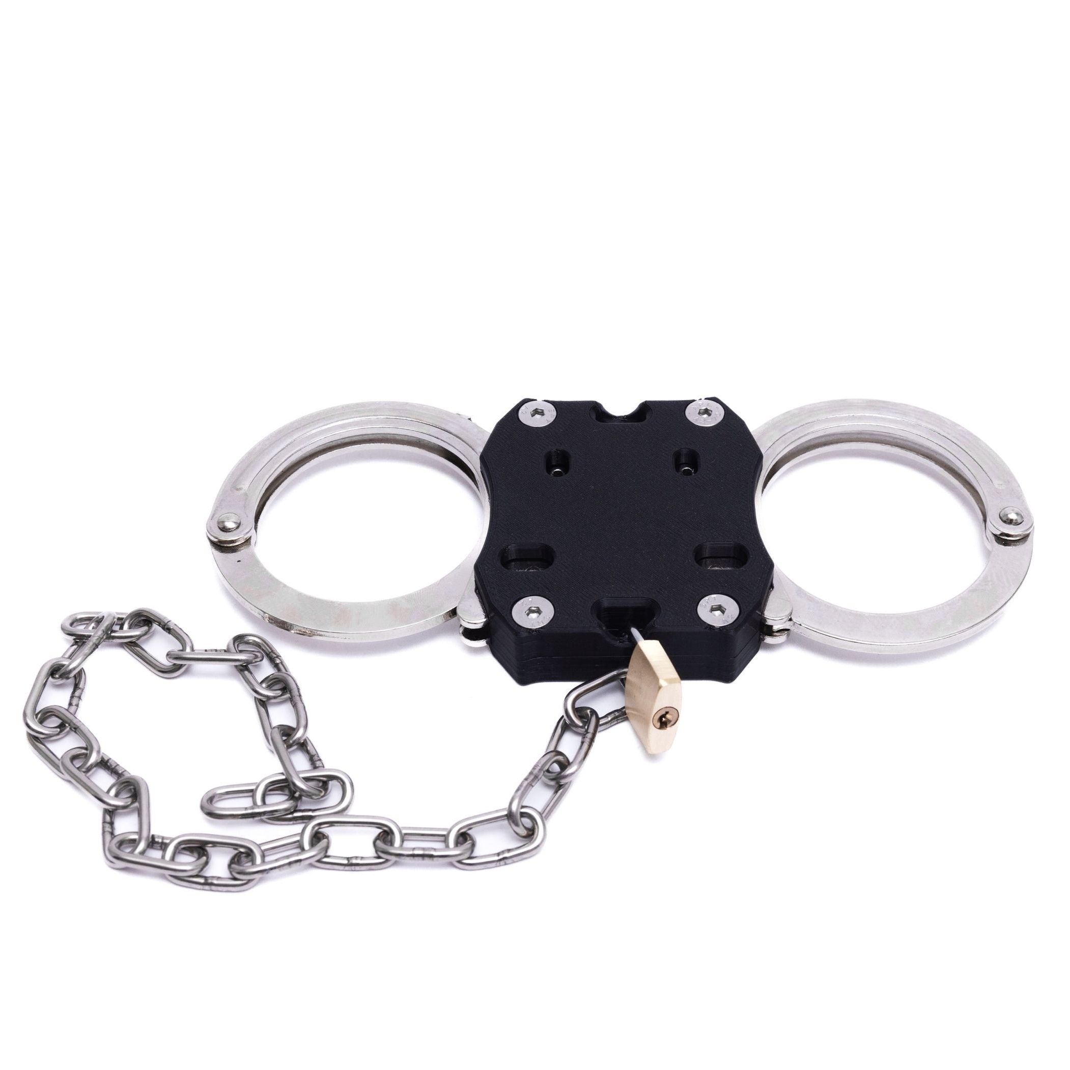 Hinged handcuffs, rigid design with two keys